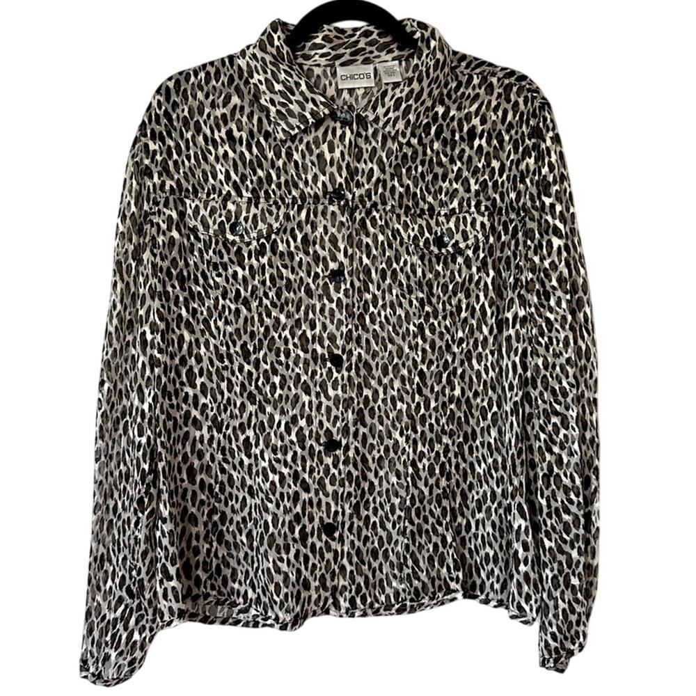 Chicos Medium Top Leopard Dreams Liana Button Up Sheer Silk Blend Chic Elegant